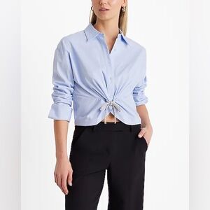 Express Blue Rhinestone Bow Cinched Front Cropped Shirt, Size Medium *Worn Once*